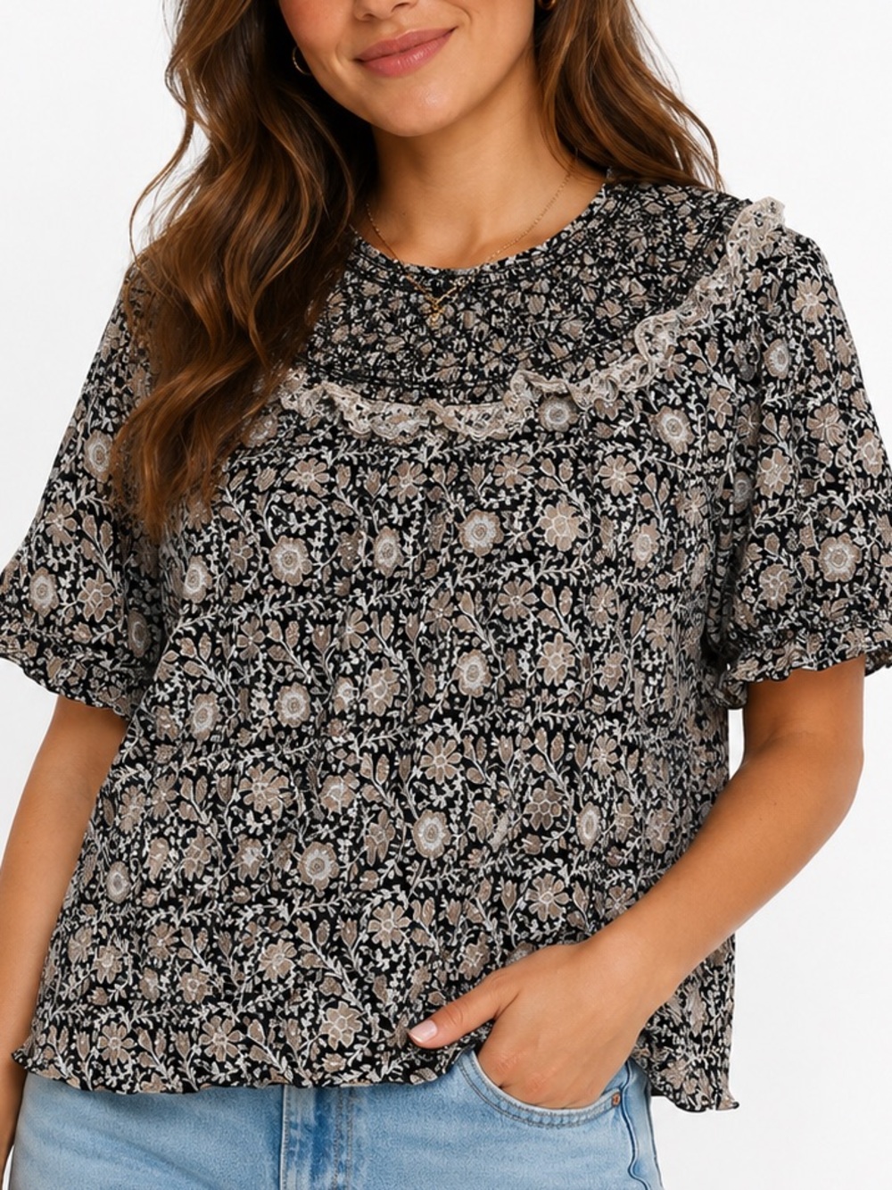Boden Floral Ruffle Short Sleeve Blouse
